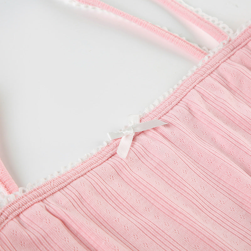 Summer Home Set Lace Bow Straps Top & Shorts Pajamas Casual Two-Piece Set 18