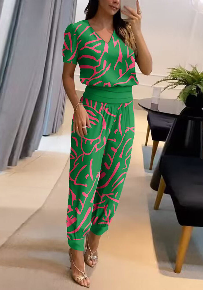 Women's Fashion Casual V-Neck Printed Short-Sleeved Trousers Set Two-Piece Set 10