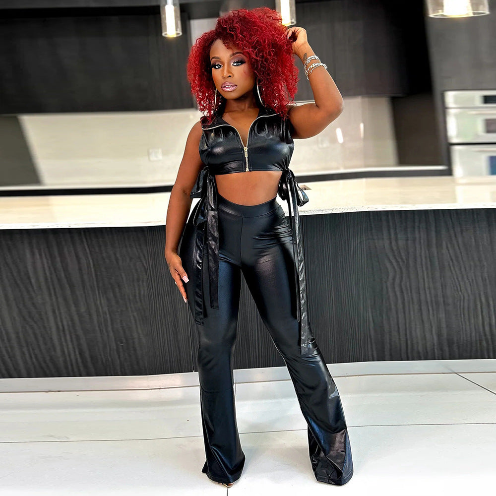 Sexy stretch leather side-exposed hollow vest high-waist bell-bottoms pants two piece set