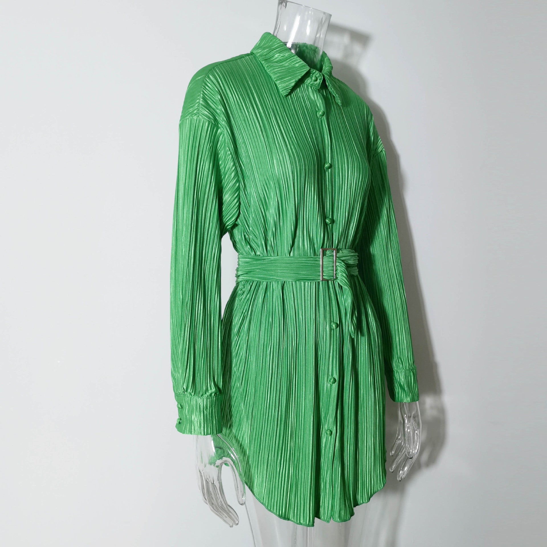 Women Pleated Long Sleeve Belted Shirt Dress 18