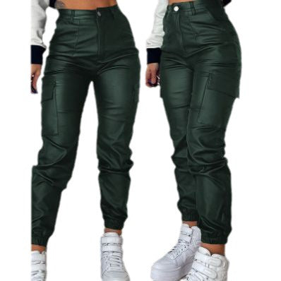Women Zip Pleated Pockets Casual PU-Leather Pants 8