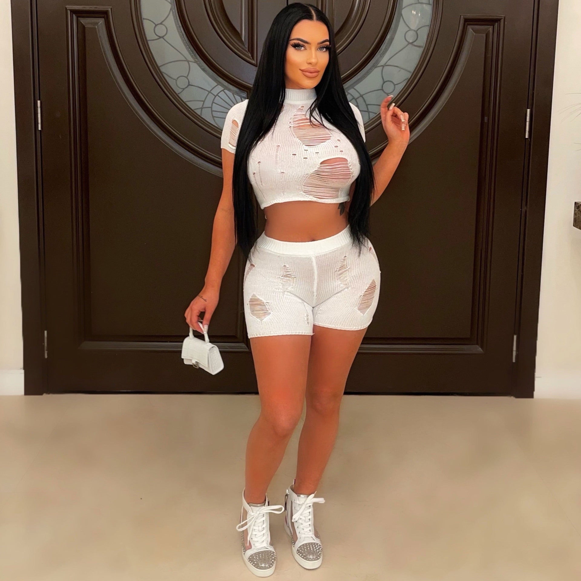 Women Fashion Knitting Tight Fitting Hollow Out Sexy Two Piece Shorts Set Spring Summer 4