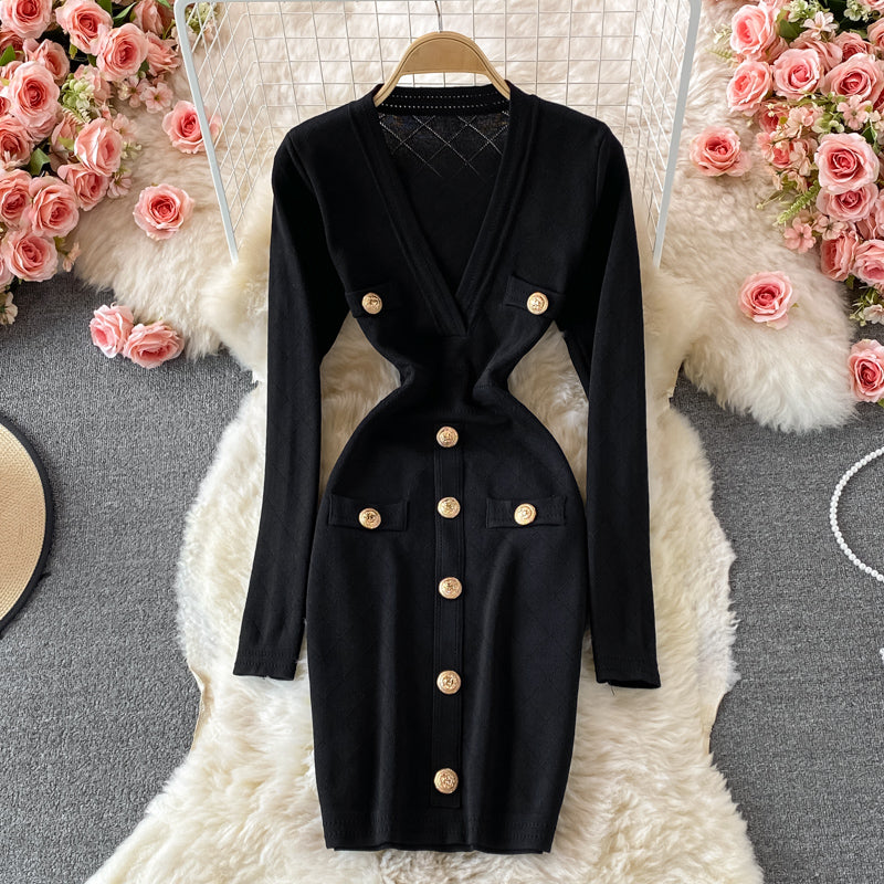 Autumn And Winter Women's V-Neck Long-Sleeved Sweater Dress Slim Fit Bodycon Knitting Dress 8