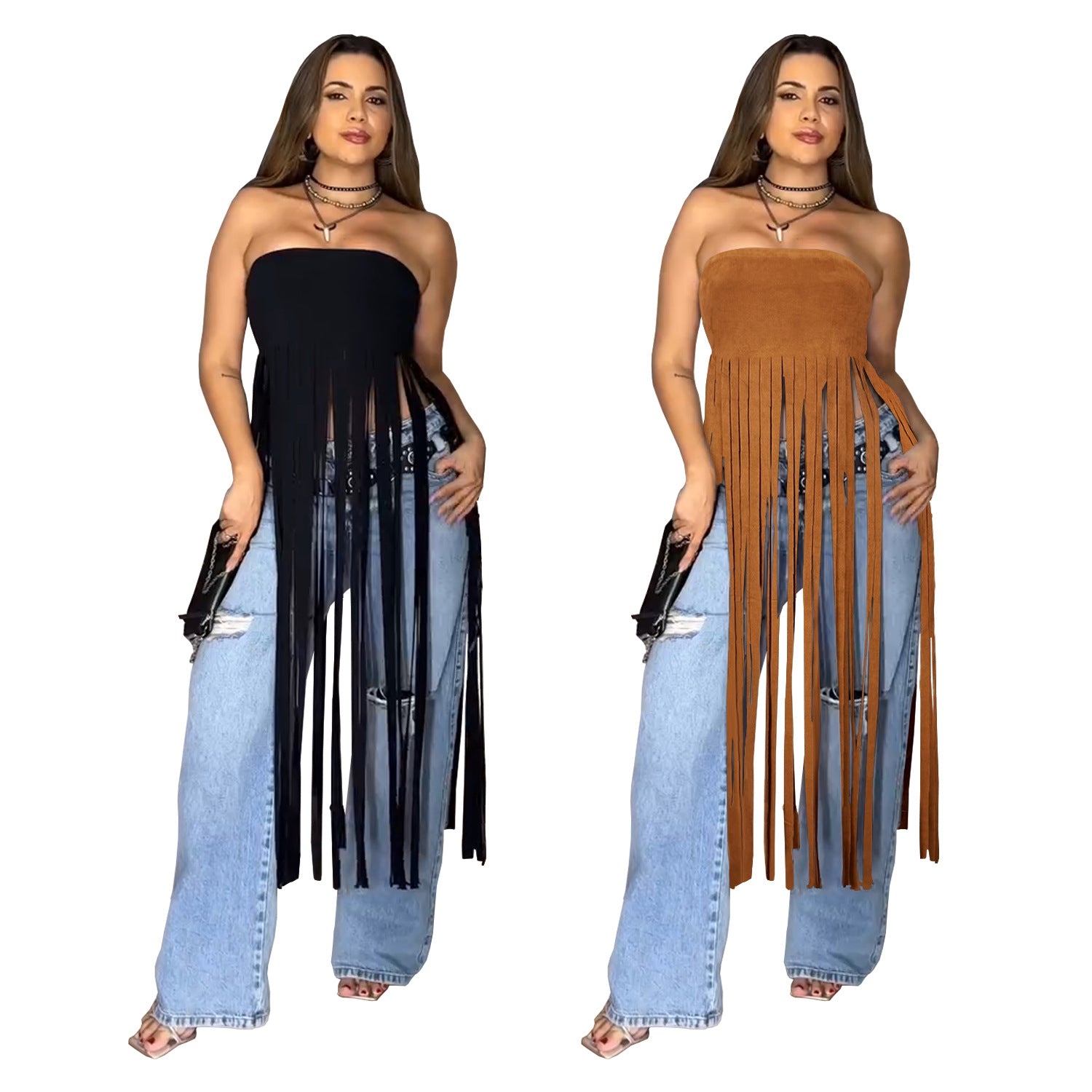 Women Sexy Suede Strapless Solid Fringe Dress 6