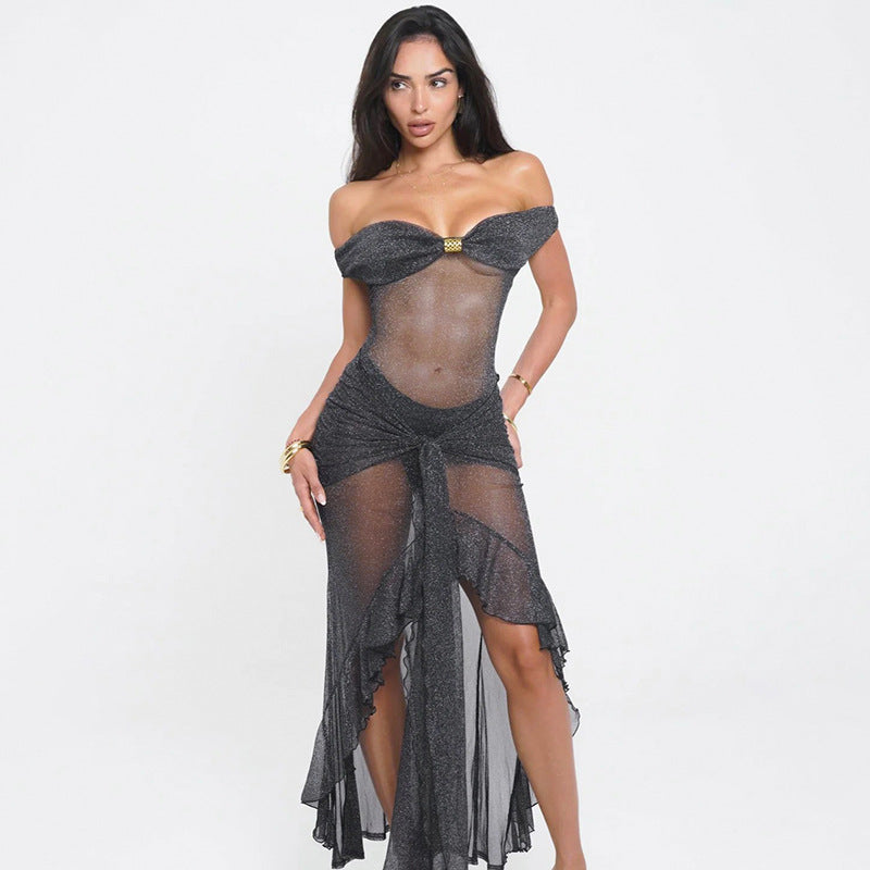 Women sexy Strapless Backless See-Through dress 3