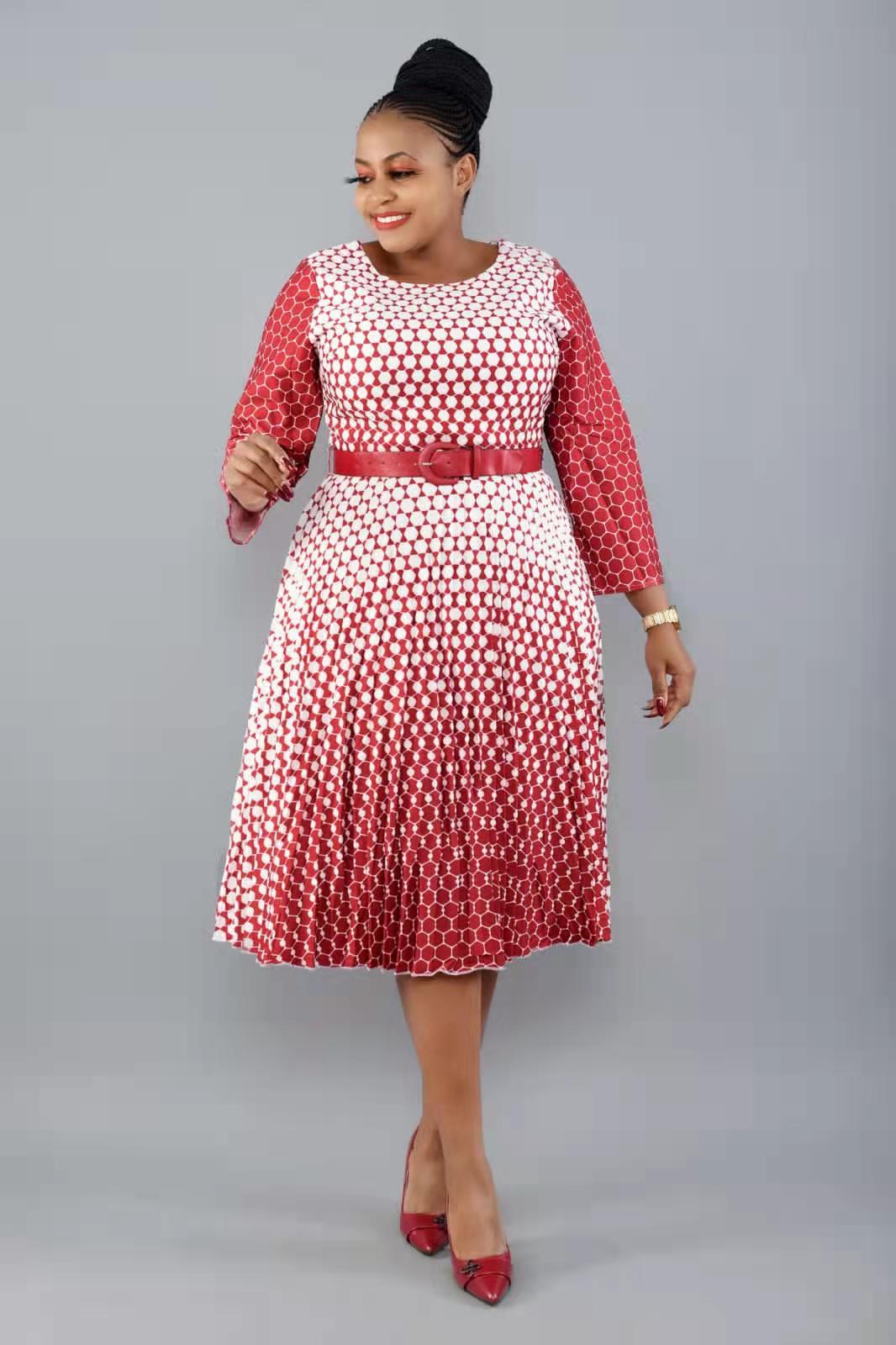 Plus Size Women African Round Neck Three-quarter Sleeve Pleated Snake Dress