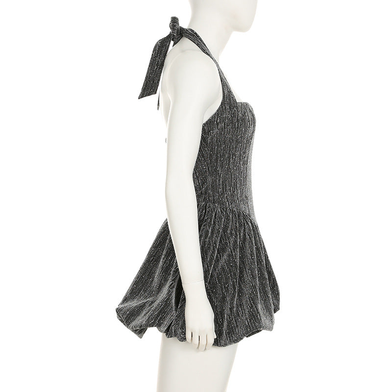 Fashion Dinner Style Shiny Halter Neck Strapless Slim Waist A-Line Bubble Party Short Dress 7