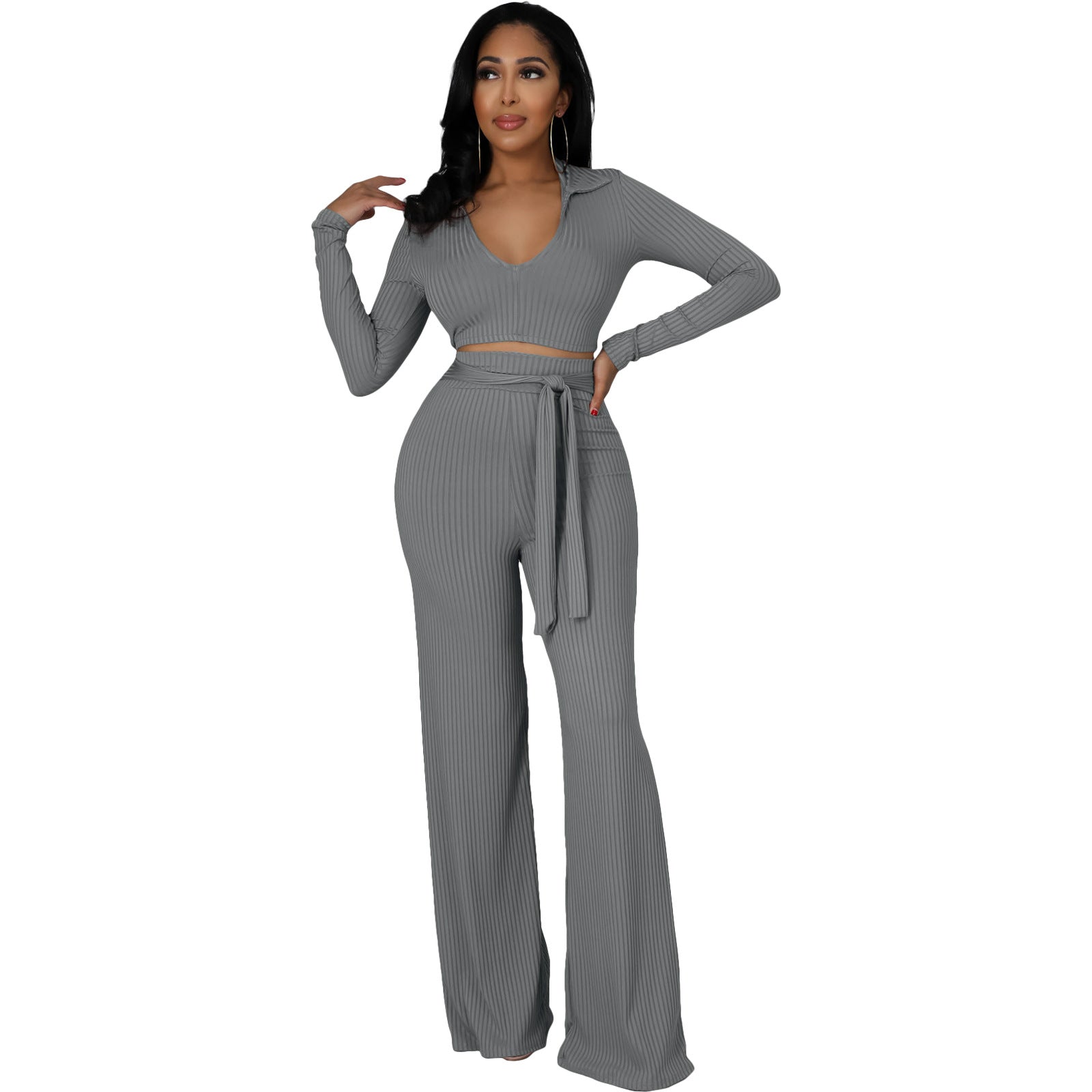 Women Solid V neck Top and Bell Bottom Pant two-piece set 7