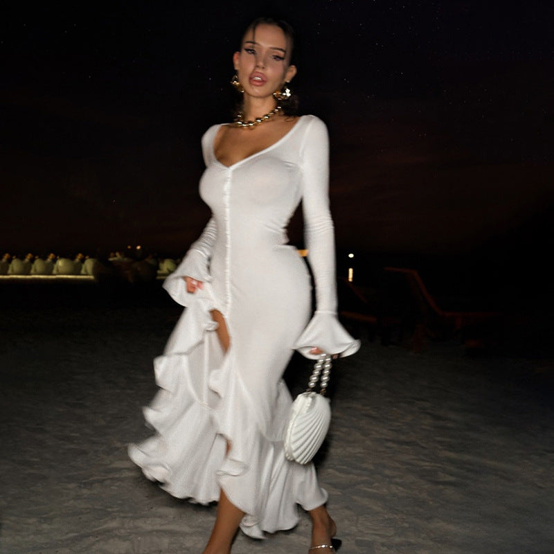 Women Summer Sexy Solid Long Sleeve V-neck Ruffled Slit Dress 3