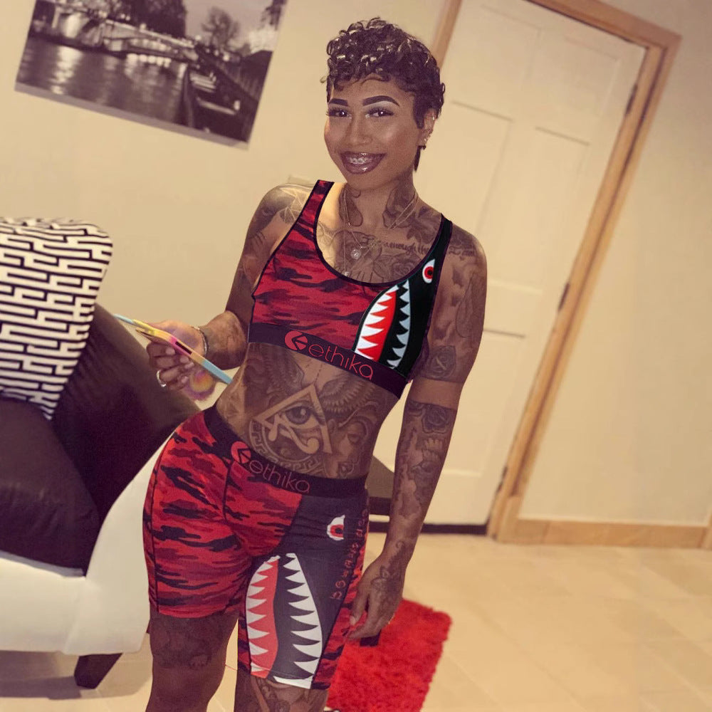 Cartoon Print Casual Camouflage Tank Biker Shorts Two-Piece Set 8