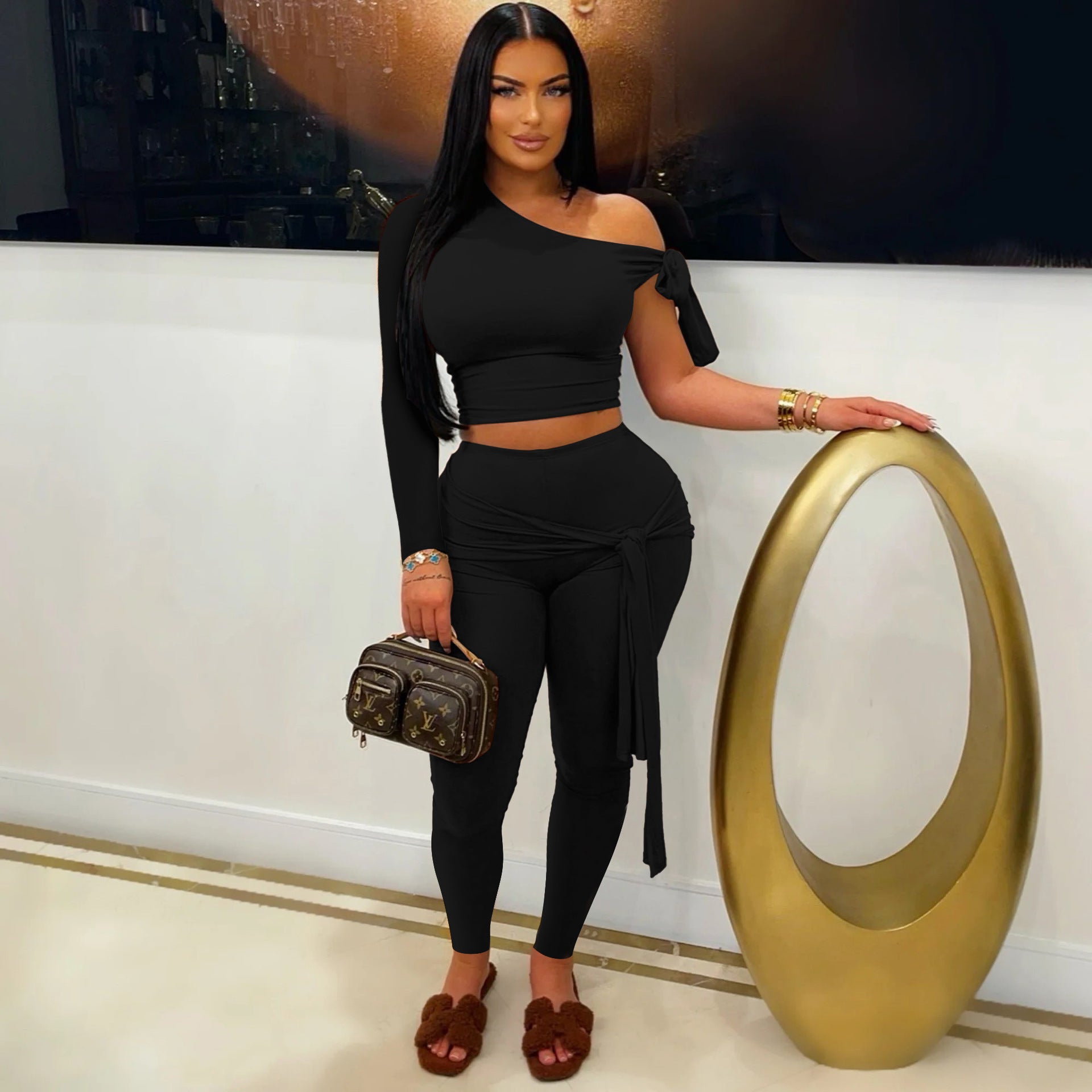 Women Sexy Single Long Sleeve Top and Long Pants Two-Piece Set