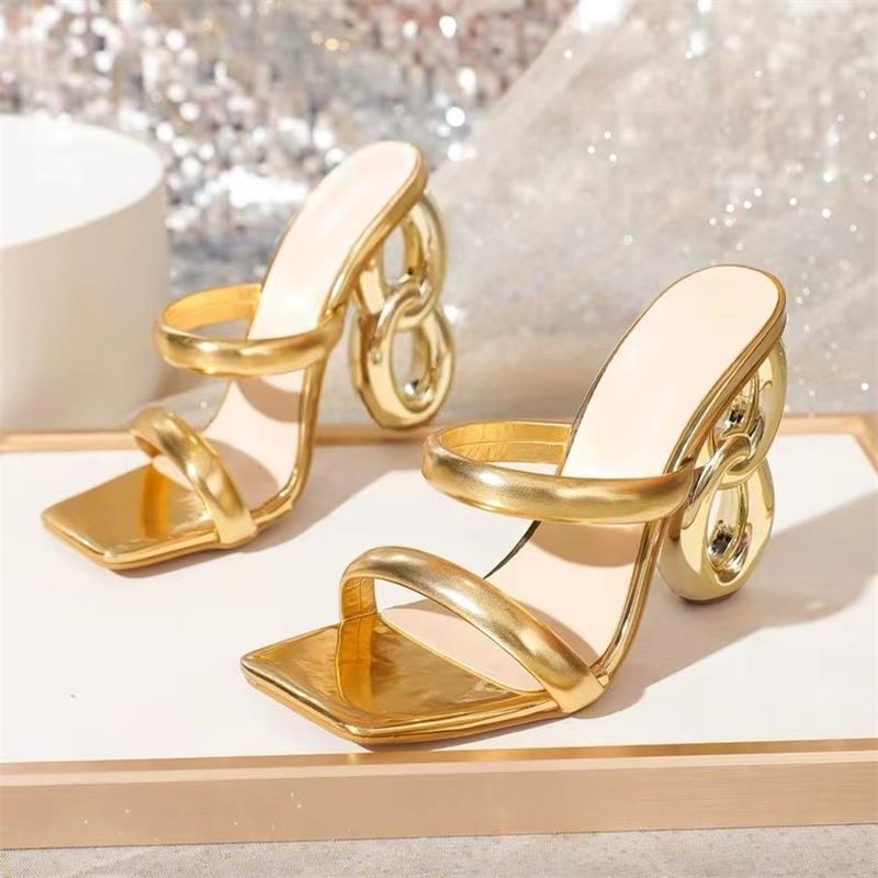 Women's Summer Gold High Heels Shoes Special Shaped Heel Fashion Women's Plus Size Sandals 8