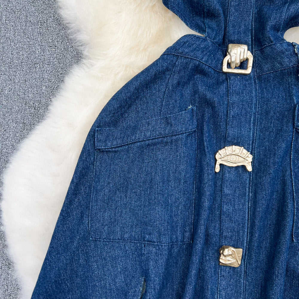 Women Vintage Turndown Collar Cut Out Sleeveless Denim Dress 15