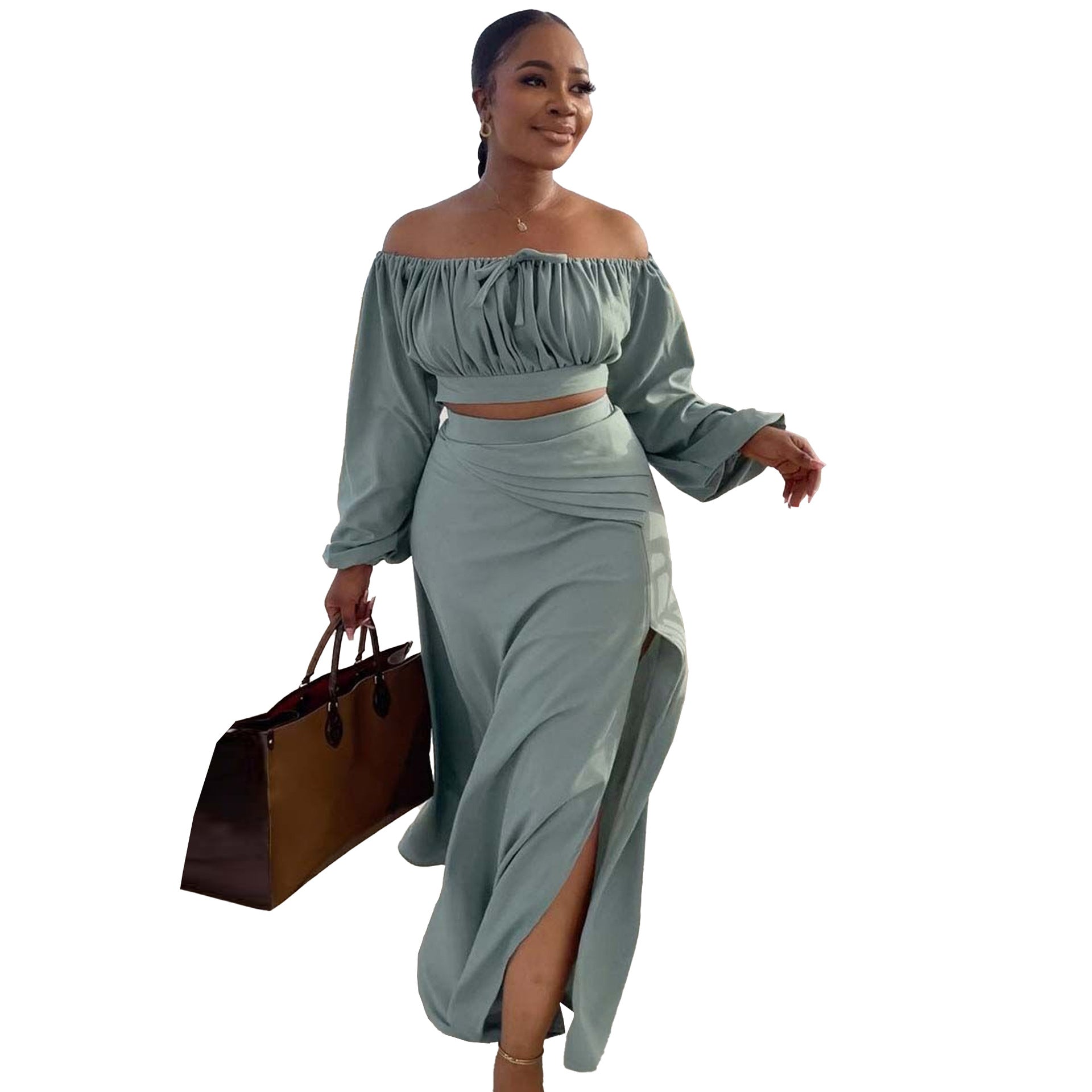 Plus Size Women Sexy Off Shoulder Balloon Sleeve Top and Skirt Two-Piece Set 10