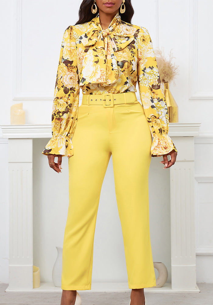 Women Print Lace-Up Long Sleeve Top and High Waist Suit Casual Two-piece Set