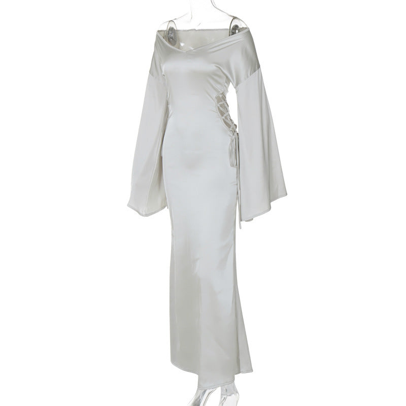 Women Autumn and Winter Tie Hollow Off Shoulder Loose Long Sleeve Dress 12