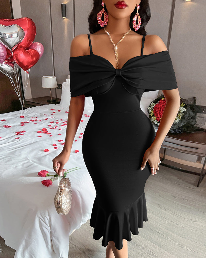 Women Red Bow Off Shoulder Suspender Fishtail Dress 4