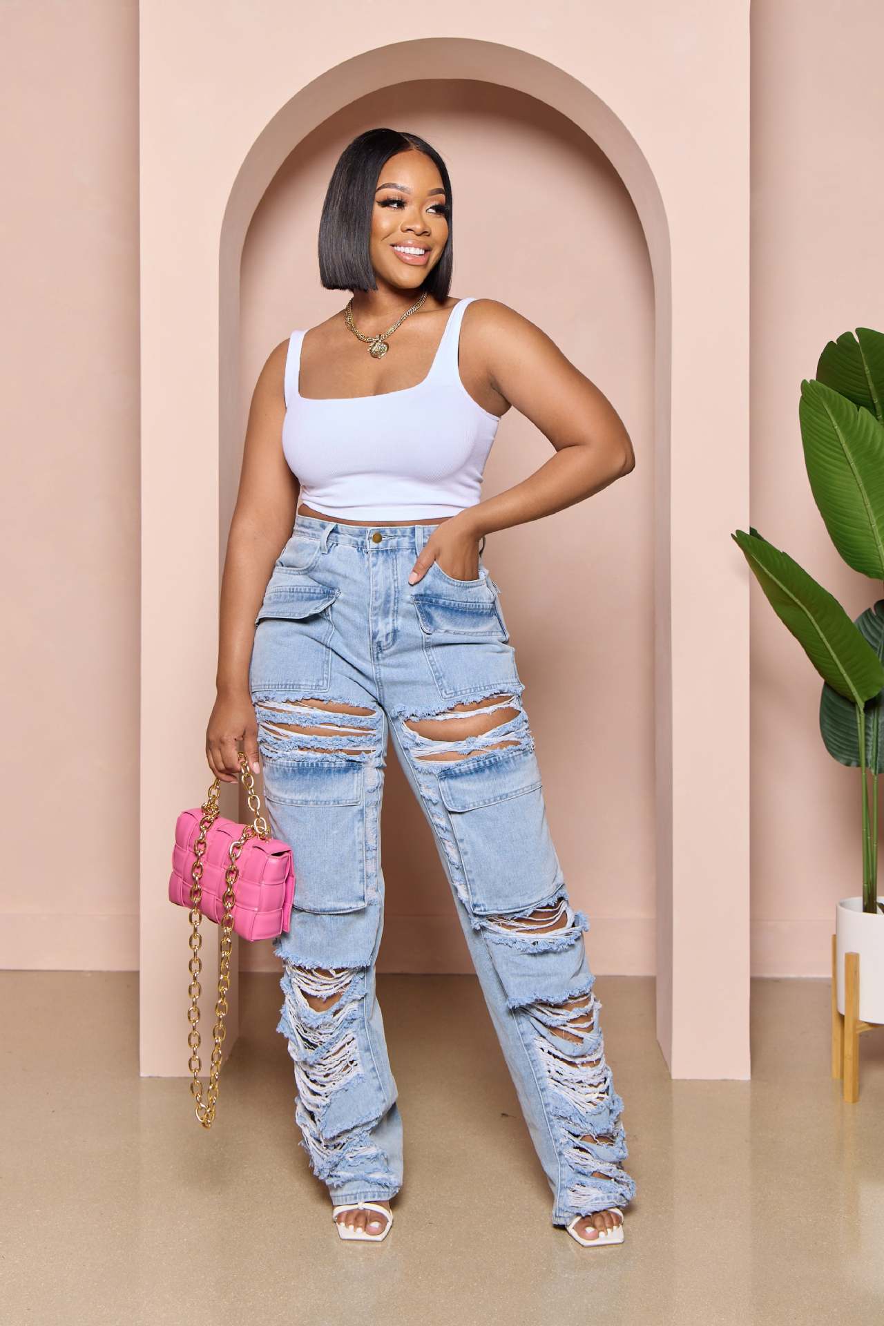 Women's Summer Loose High Waist Wide Leg Ripped Denim Pants Casual Jeans 4