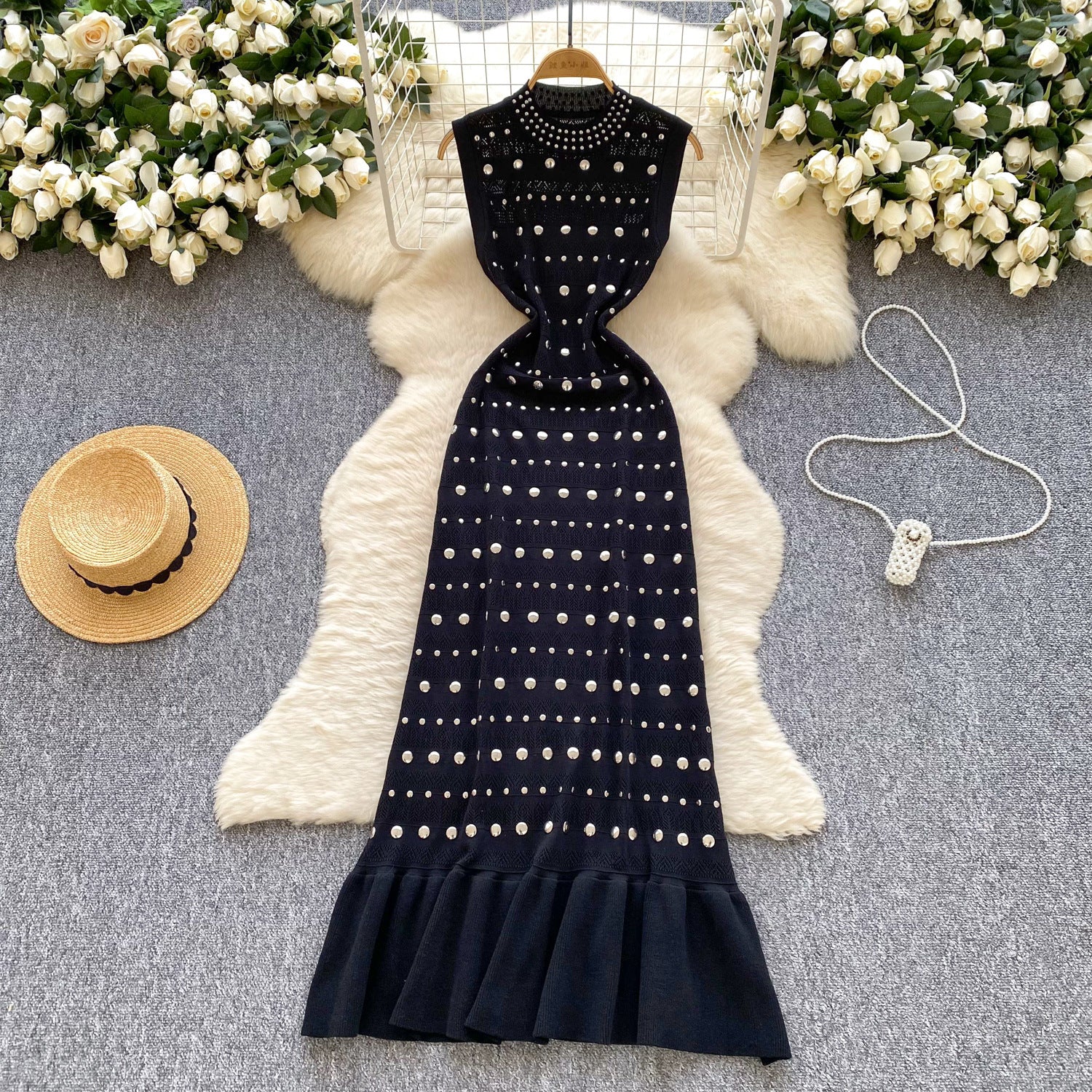 Women's Summer Sleeveless Stand Collar Diamond Slim Luxury Fishtail Long Dress 5
