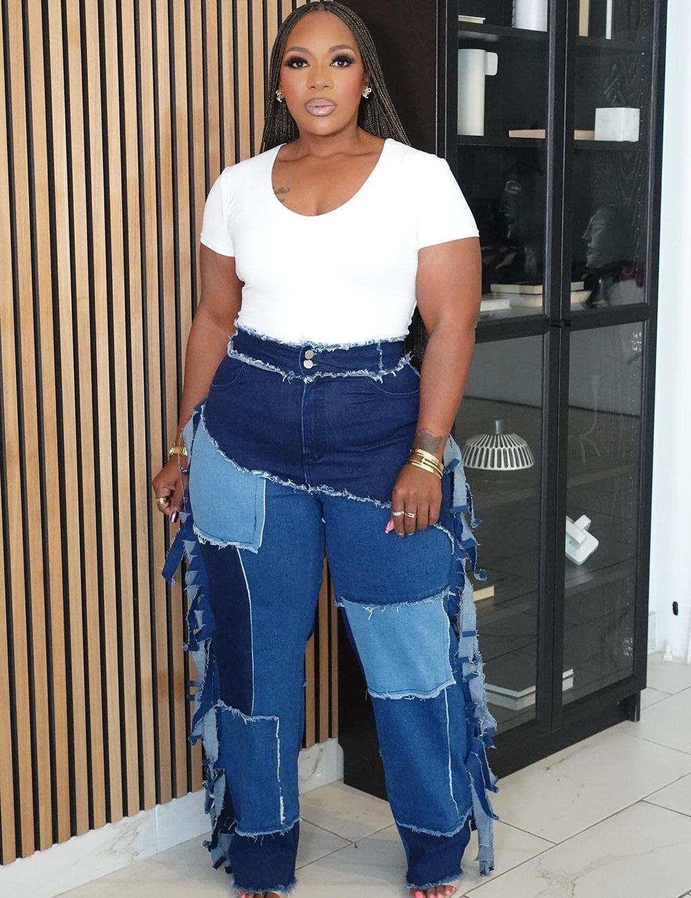 Women patchwork Colorblock Tassel Denim Pants 5