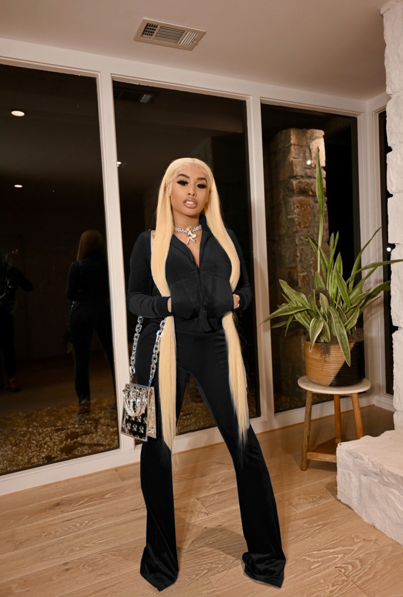 Women's Autumn Winter Velvet Zipper Pocket Two Piece Tracksuit 4