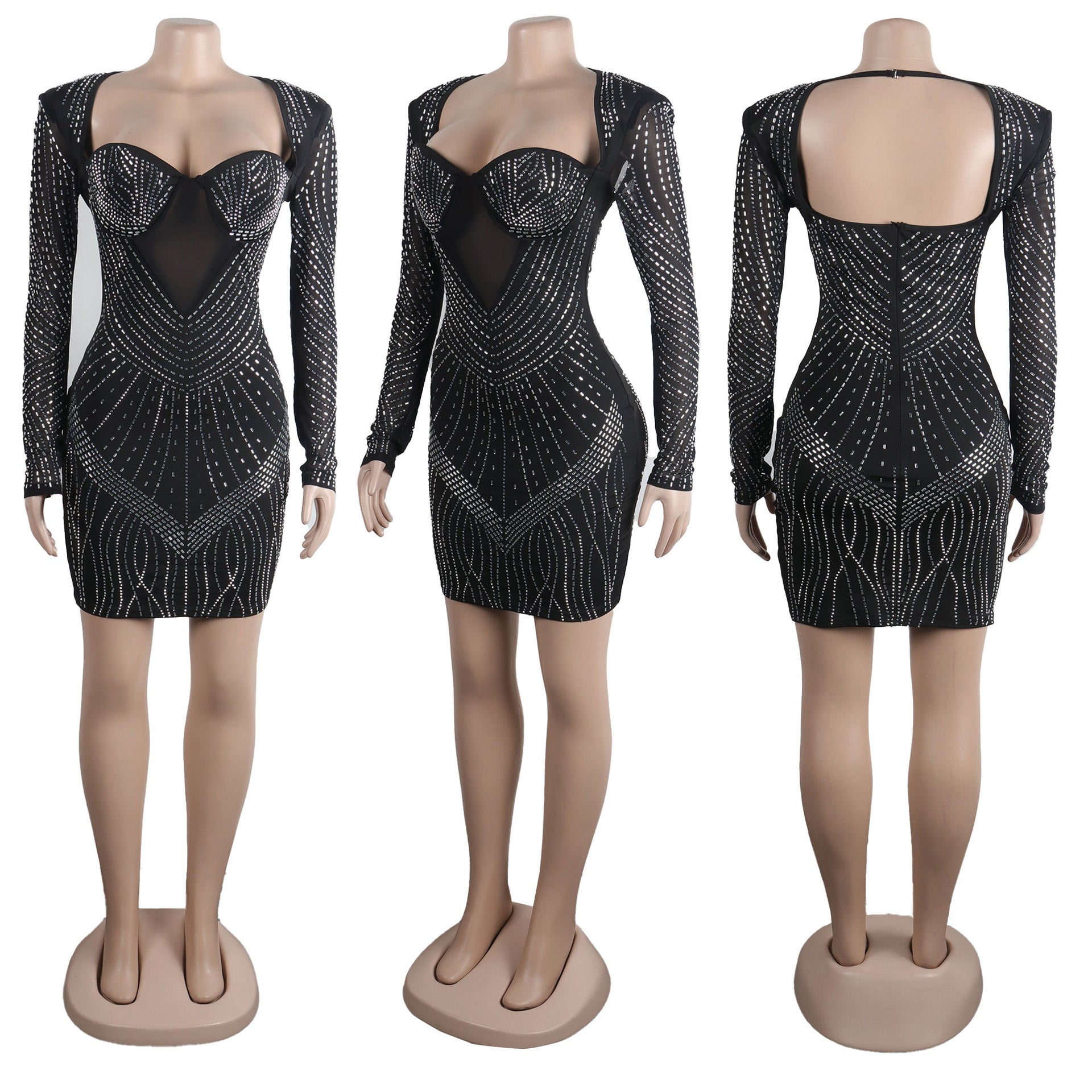 Women Sexy Long Sleeve Beaded Backless Hollow Solid Dress 14