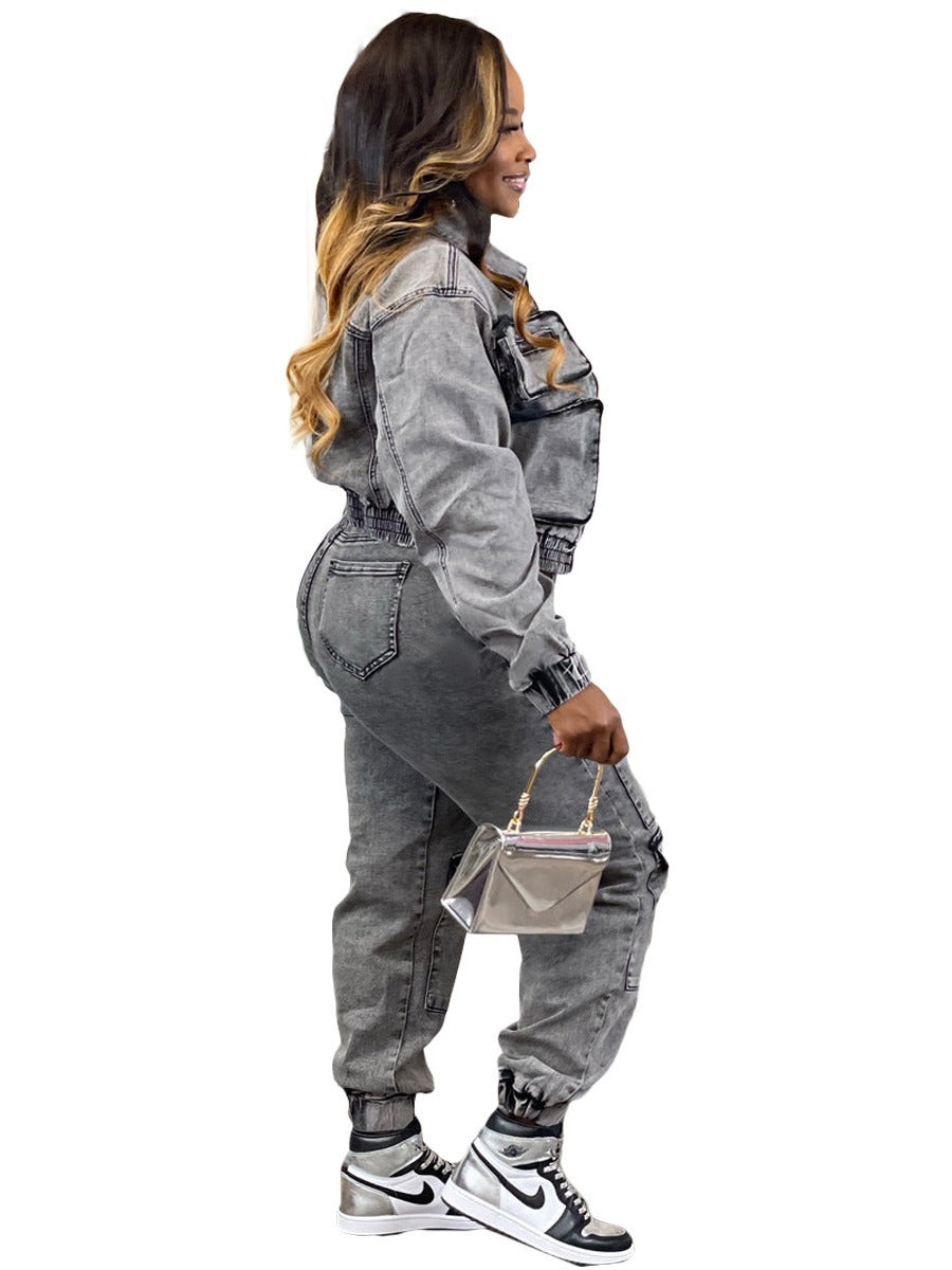 Women Stretch Washed Denim Cargo Top and Pant Casual Two-piece Set 5