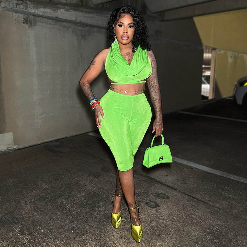 Spring Summer Hooded Top and Knee-Length Shorts Two-Piece Set for Women 3