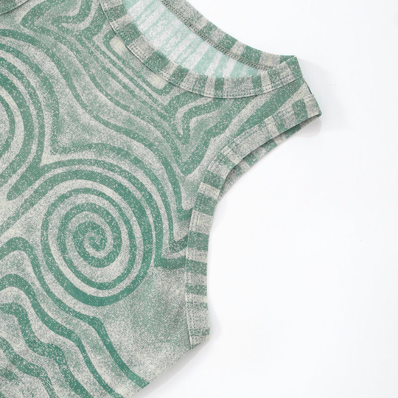 Women's Slim Geometric Pattern Print Round Neck Sleeveless Bodysuit Wide-Leg Pants Two Piece Set 15