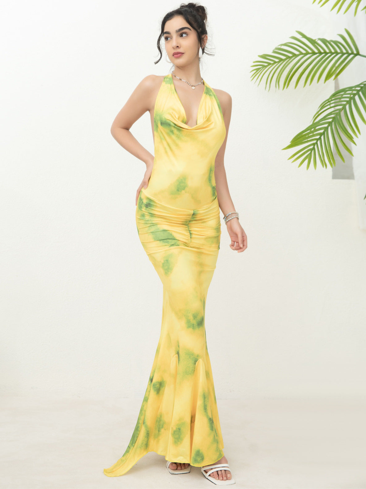 Women's Strap French Chic Style Halter Neck Deep V Printed Ruffle Long Dress 5