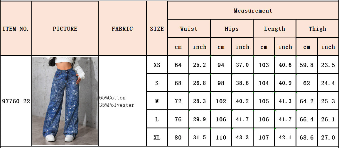 Women American Retro Blue Denim Beaded Butterfly Pants 8