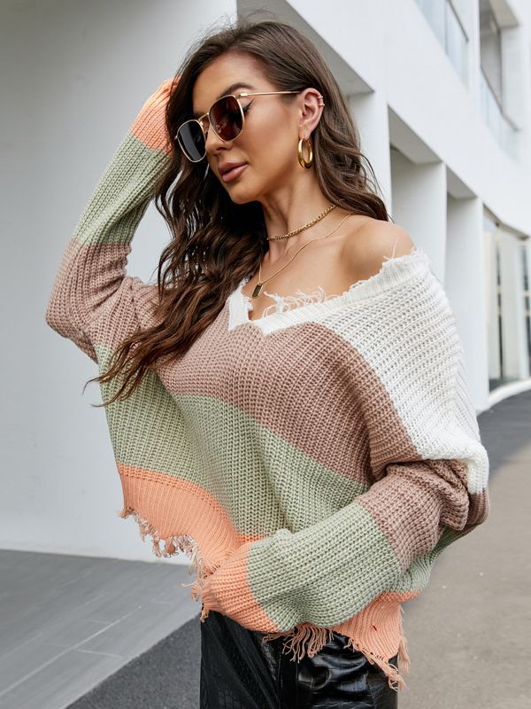 Women Loose V-Neck Tassel Crop Sweater 36