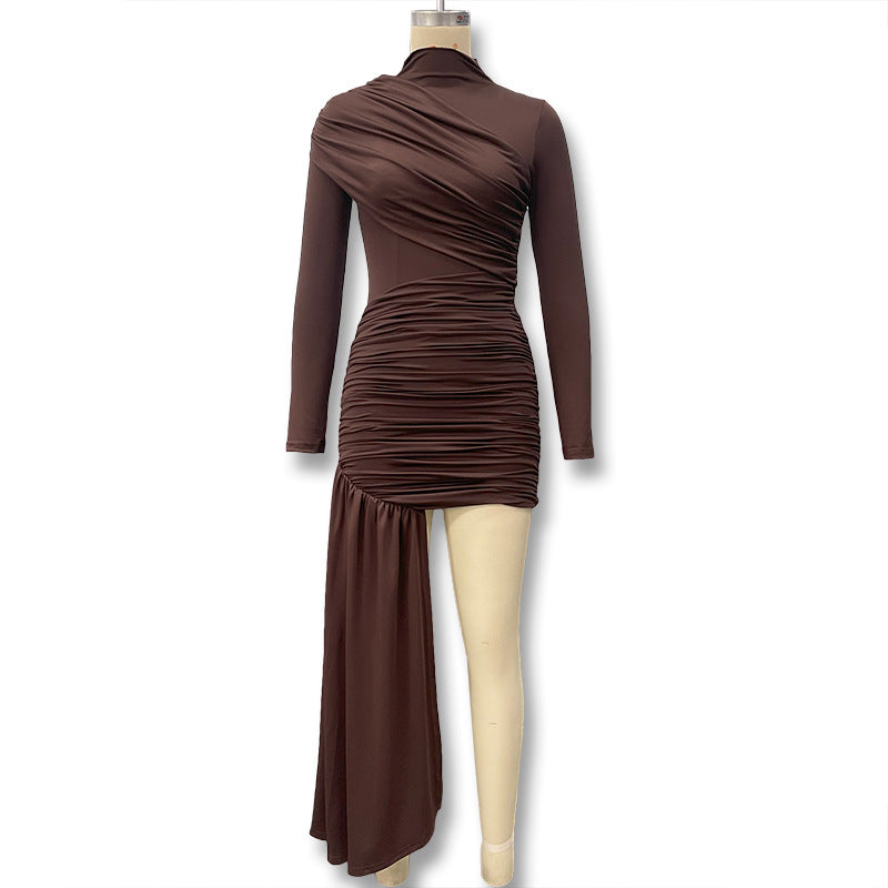 Women's Autumn Fashion Slim Fit Round Neck Long Sleeve Shirred Bodycon Irregular Ribbon Dress 19