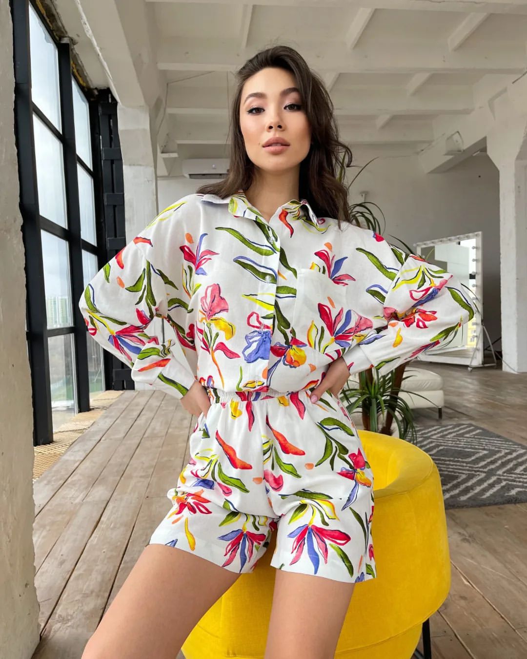Fall Women Print Long Sleeve Shirt Shorts Women Two-Piece Set 3