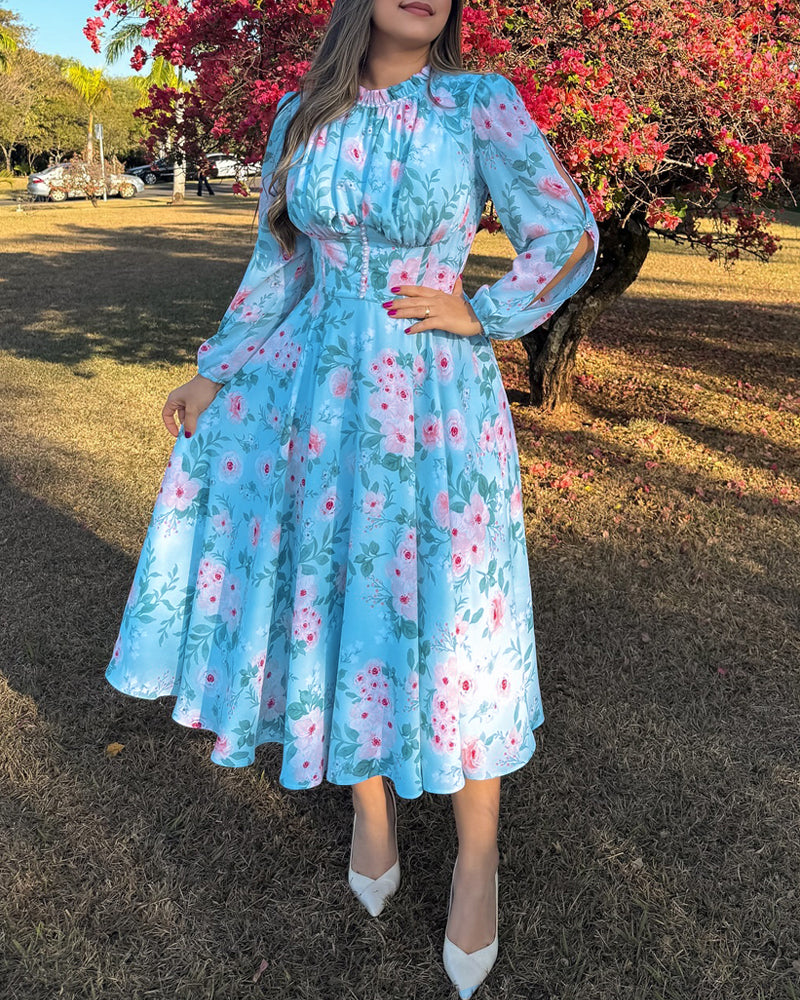 Women light blue floral long sleeve neckline Ruffle Edge dress 3