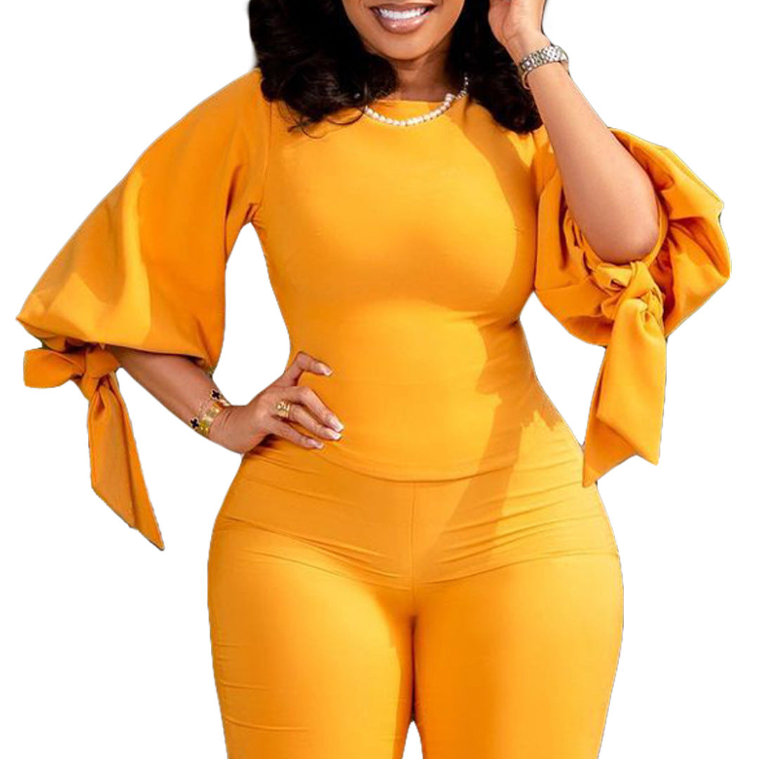 Women's Spring Fashion Chic Slim Fit Solid Lace-Up Bubble Sleeve Shirt 7