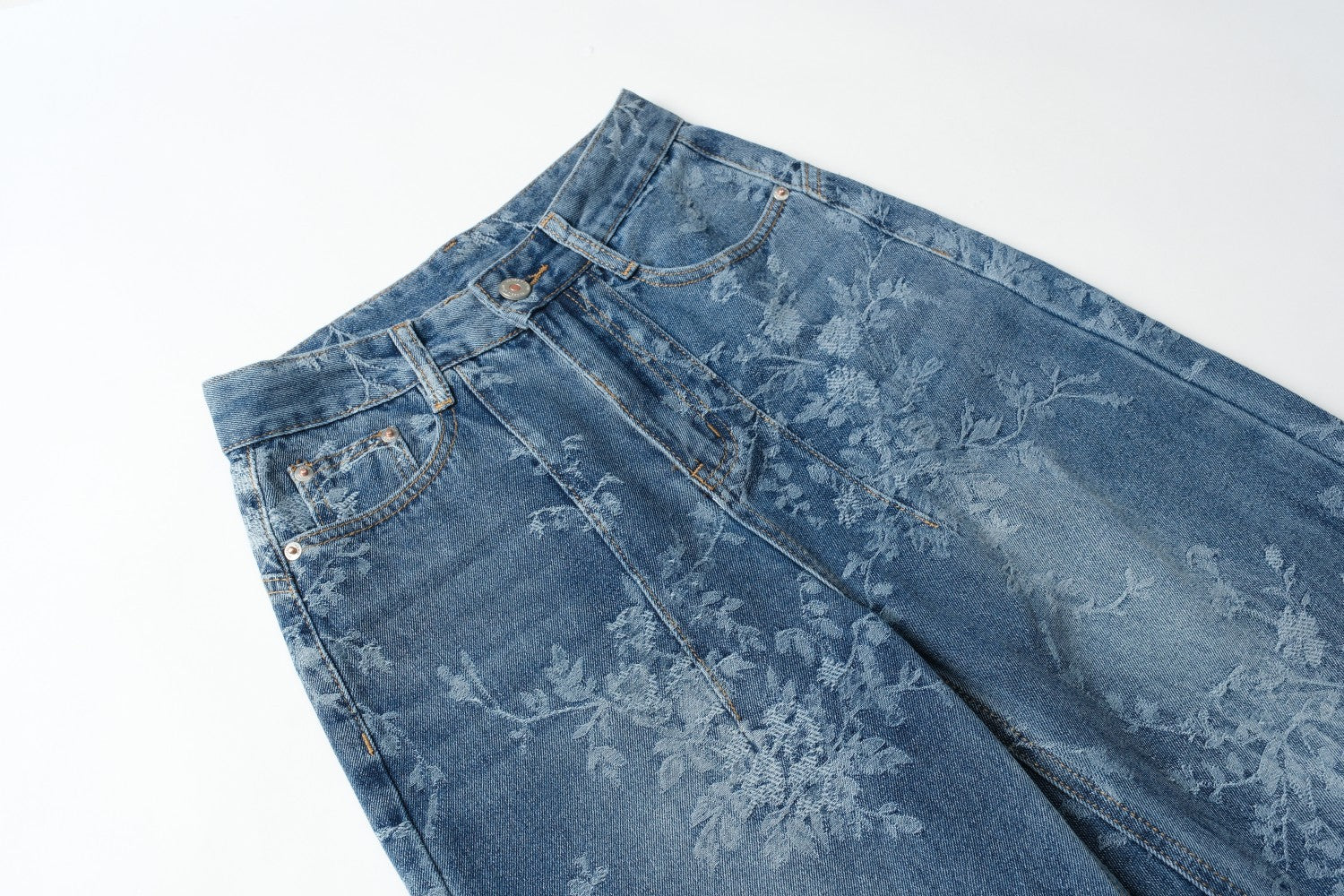 Blue Jacquard Denim Pants Women Loose Wide Leg Straight Leg Trousers 10