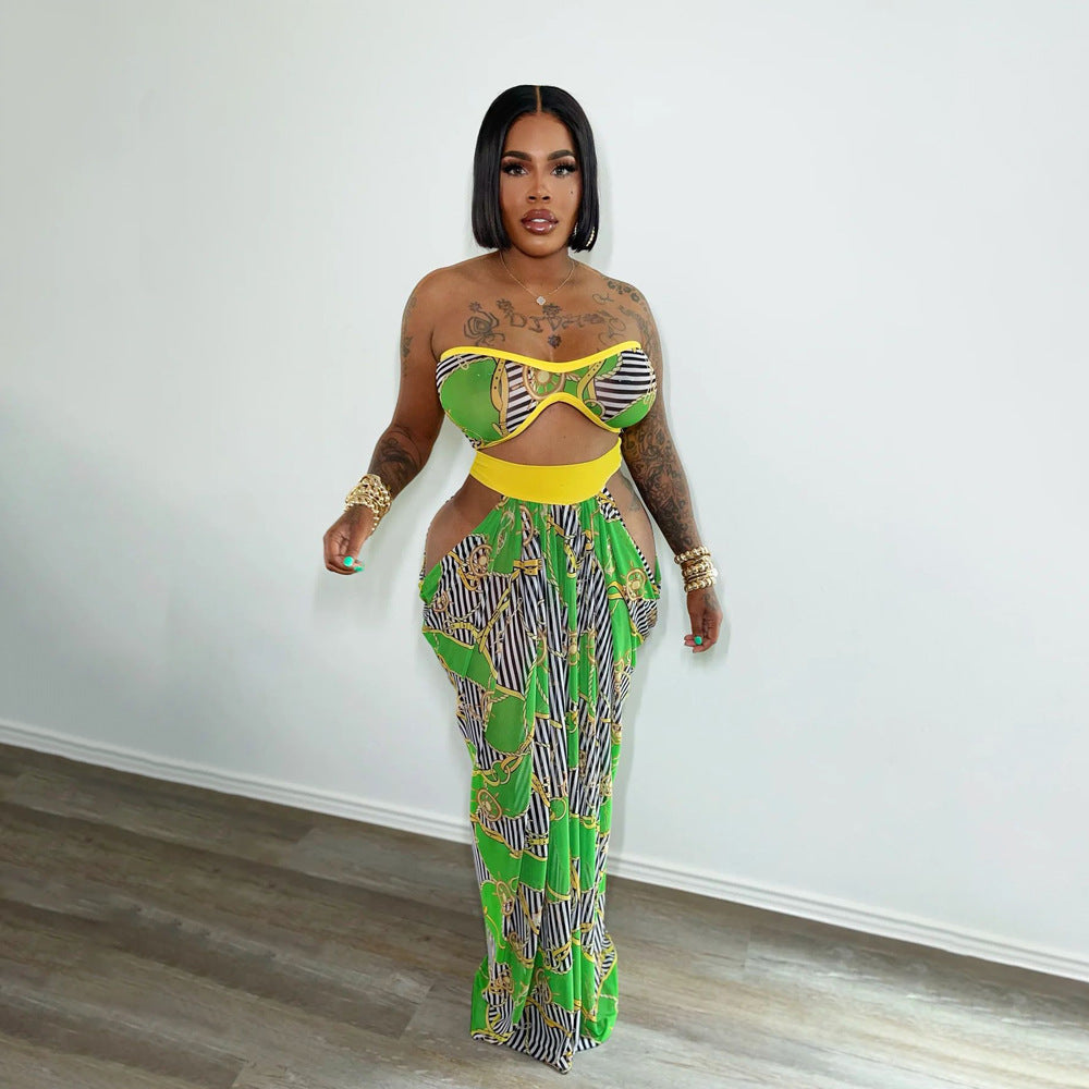 Women Beach Printed Strapless Top and Skirt Two-piece Set 3