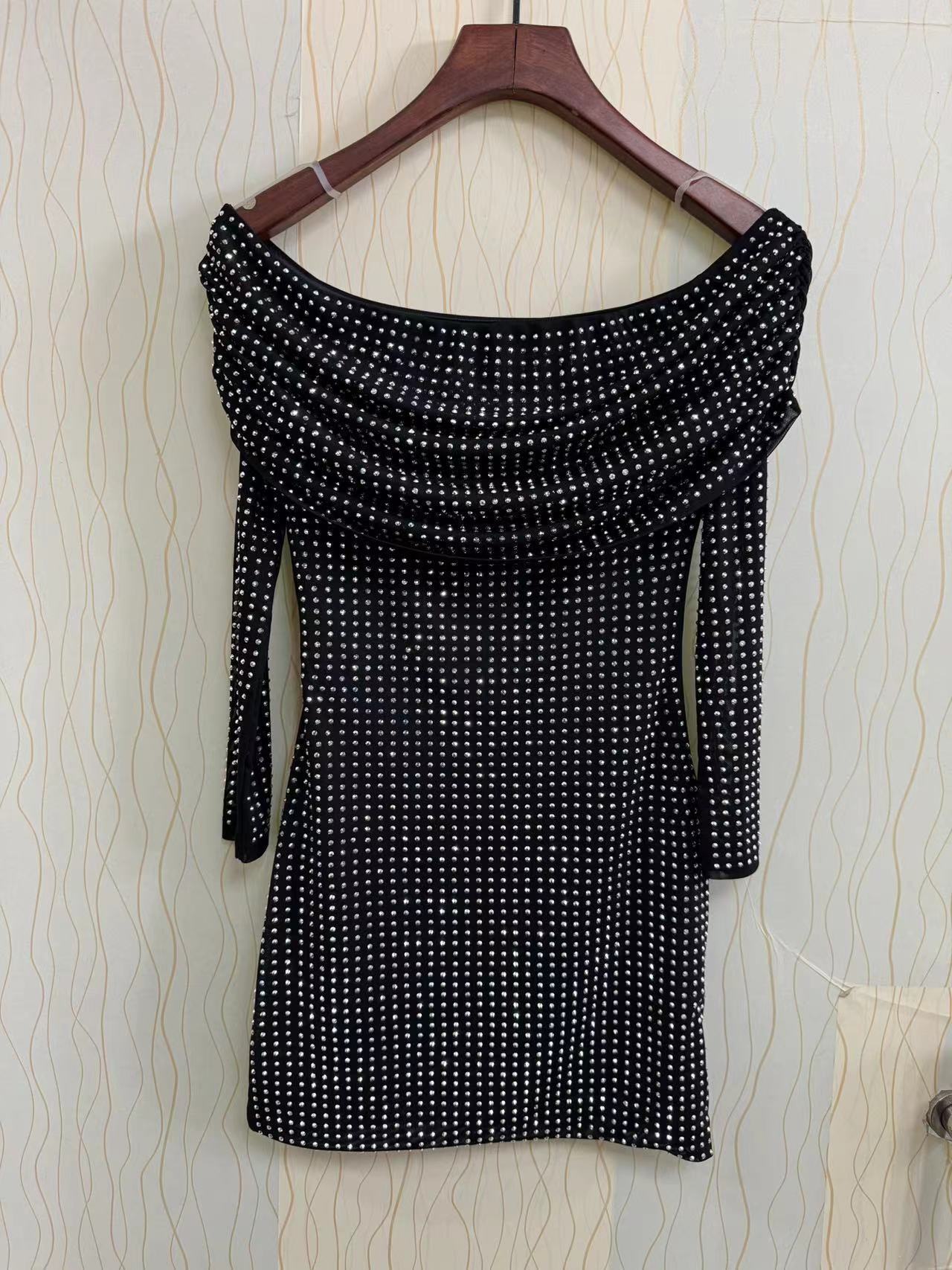 Women's Sexy Mesh Off Shoulder Beaded Long Sleeve Bodycon Slim Dress