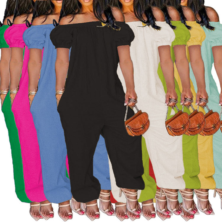 Women's Solid Color Loose Long Length Short Sleeve Jumpsuit Women's Bodysuit 20