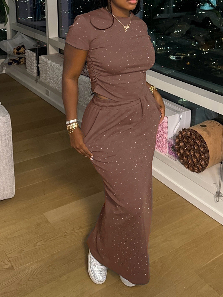 Women's Casual and Fashionable Summer Short Sleeve Two Piece Long Skirt Sets