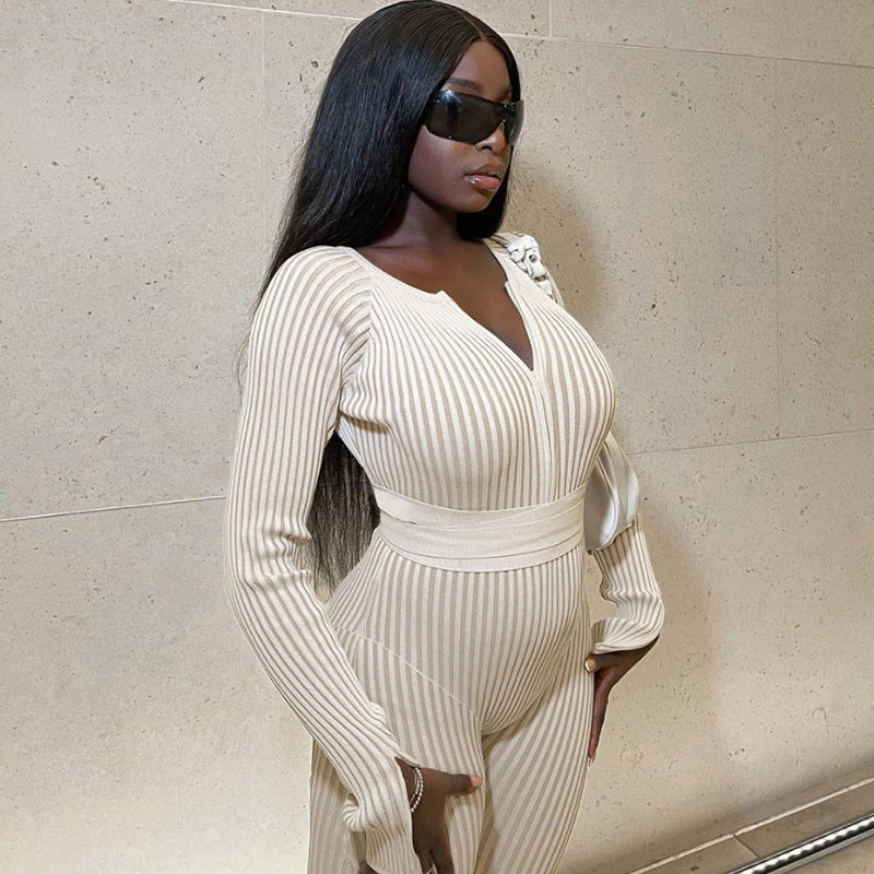 Women Sexy Ribbed Lace-up Casual Jumpsuit 8