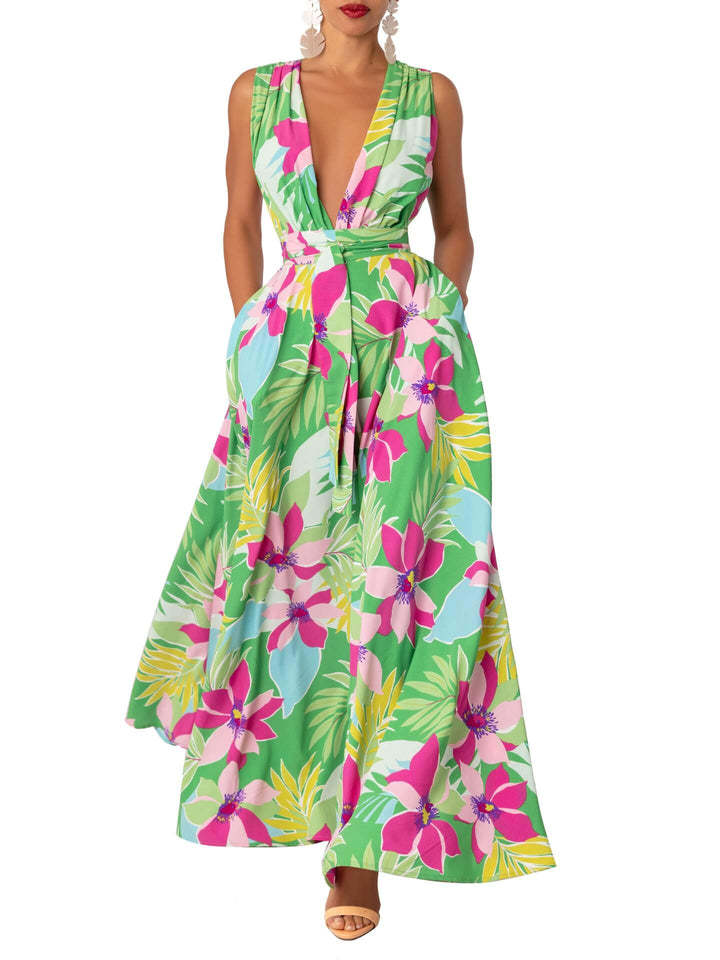 Summer Women's V-Neck Printed High Waist Belt Swing Maxi Dress 8