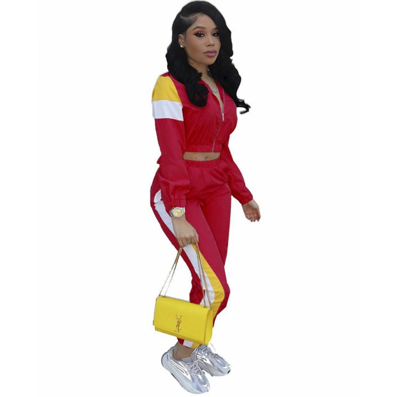 Women's Patchwork Sport Contrast Casual Tracksuit Two Piece Set 19
