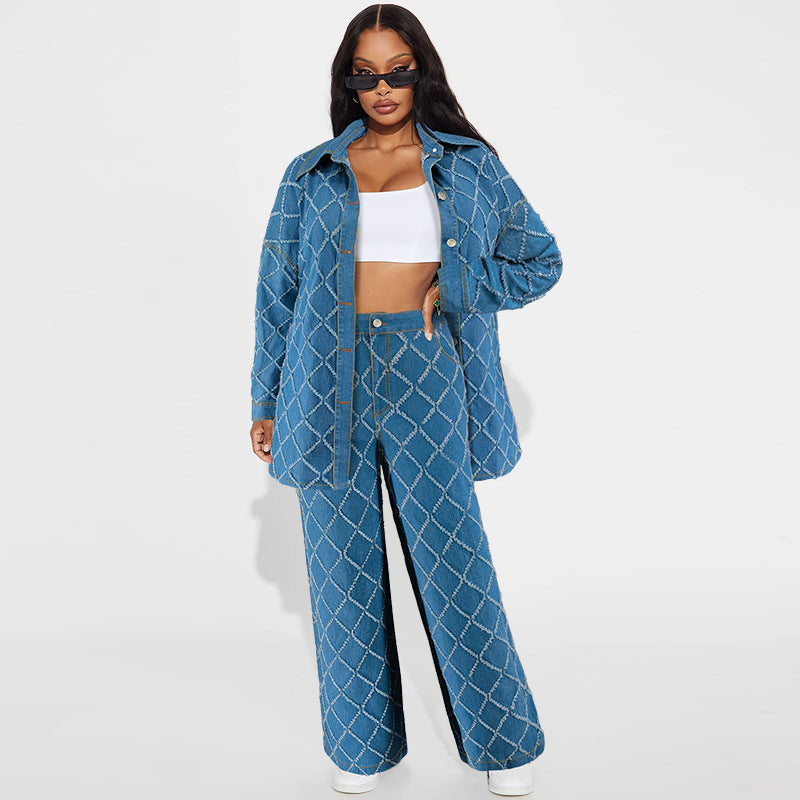Women Denim Tassel Plaid Long Sleeve Top and Pant Two-piece Set 3