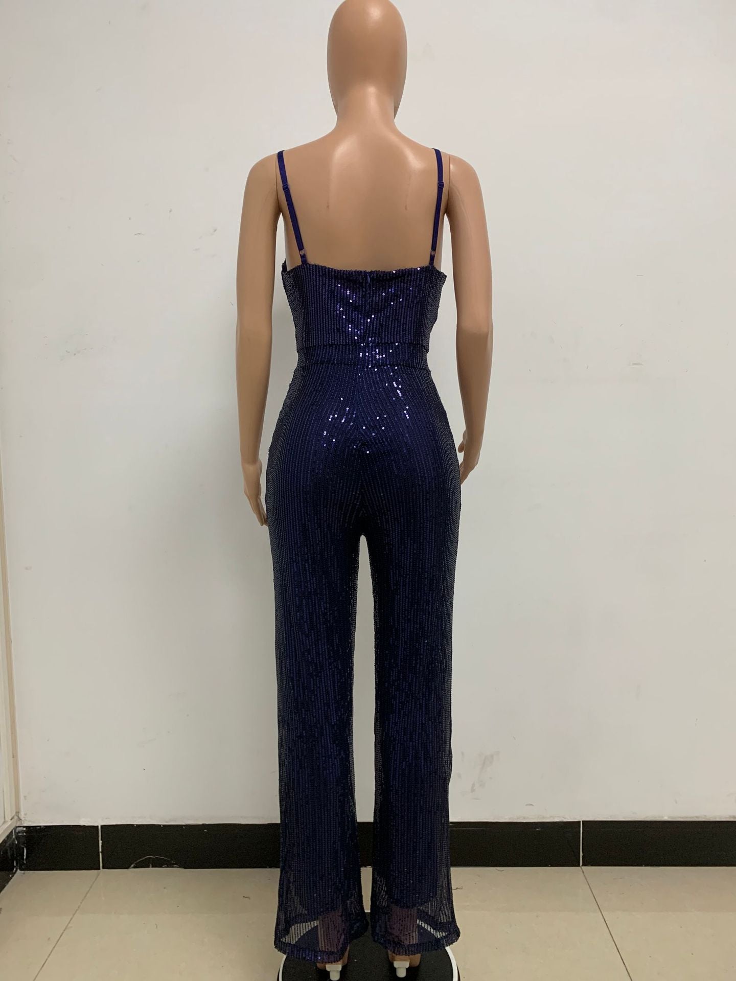 Deep V Neck Low Back Sleeveless Chic Sequined Straps Elegant Women's Party Jumpsuit 94