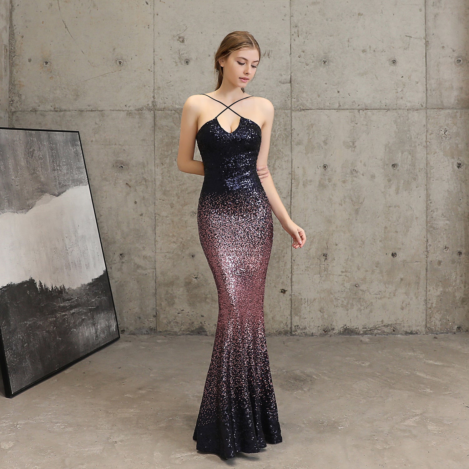 Long Formal Party Slim Fit Fishtail Dress Elegant Sequin Mermaid Evening Party Dress 8