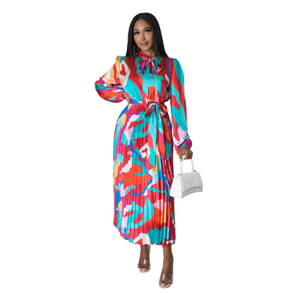 Women's Tie Long Sleeve Printed Pleated Dress 35