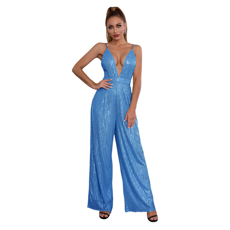 Deep V Neck Low Back Sleeveless Chic Sequined Straps Elegant Women's Party Jumpsuit 26