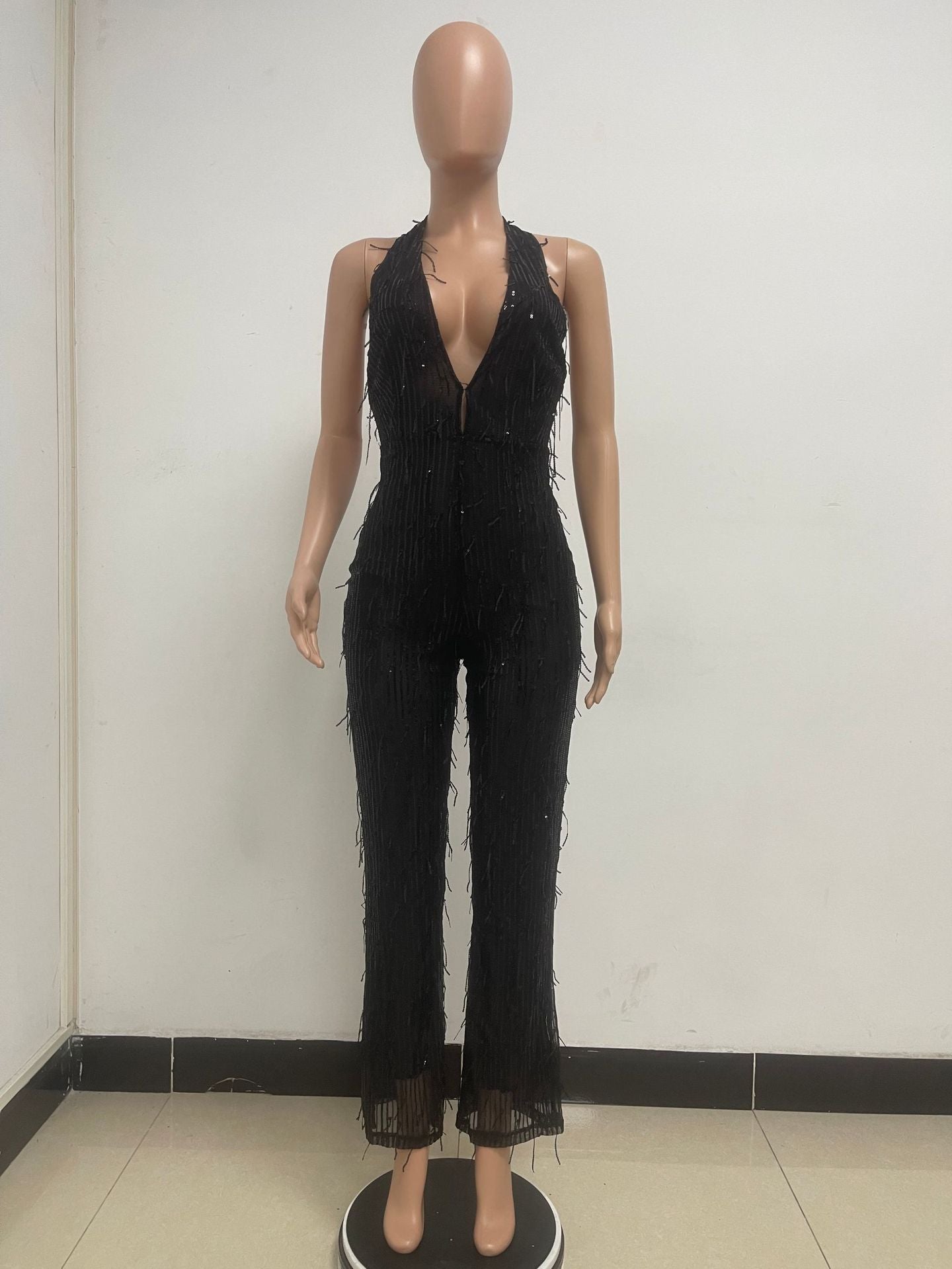 Women's Sleeveless Deep V Halter Neck Low Back Sequin Jumpsuit T 43